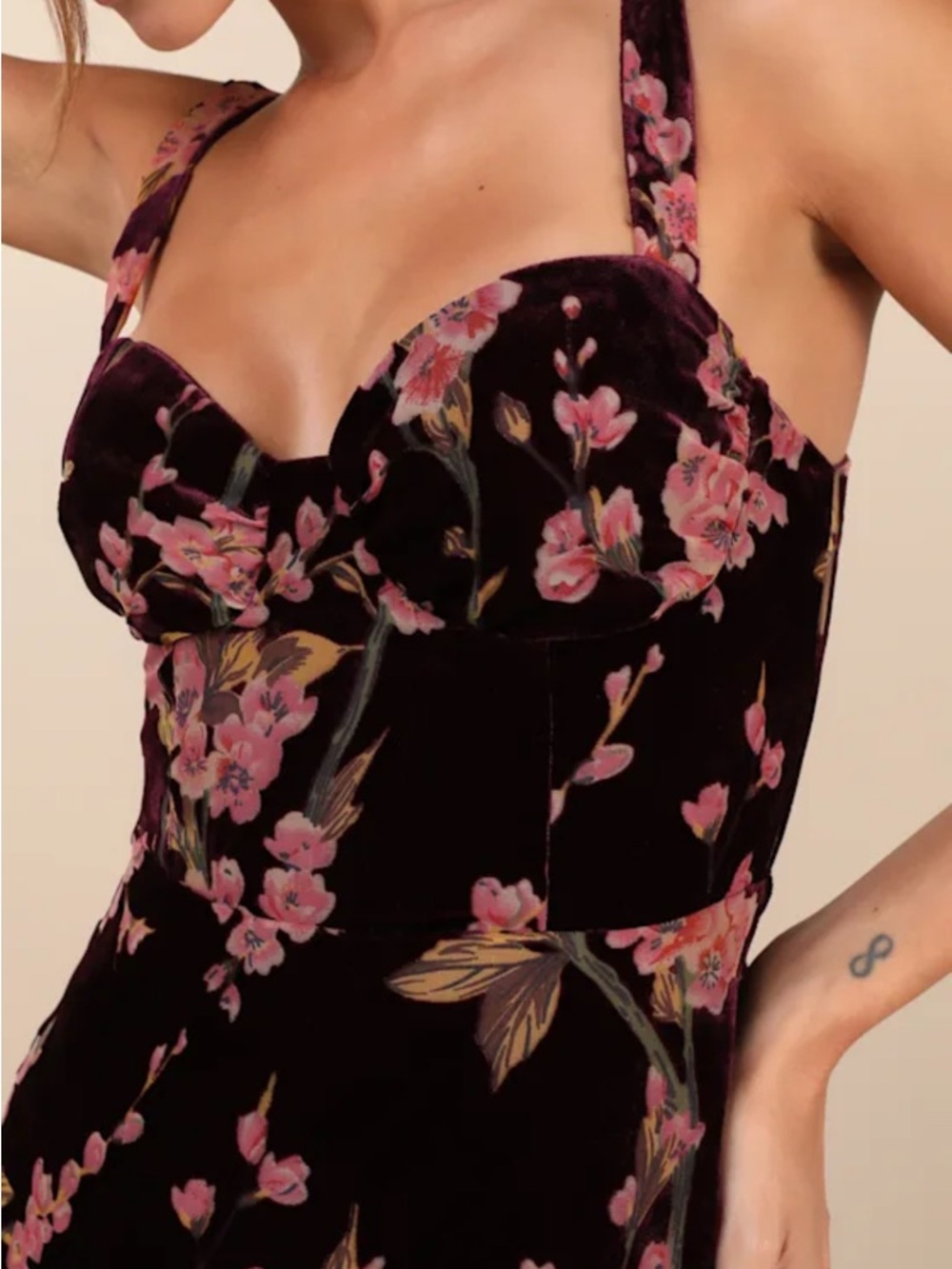 NWT Floral Burnout Velvet Midi Lace-Up Dress in Dark Plum and Pink - Picture 4 of 6